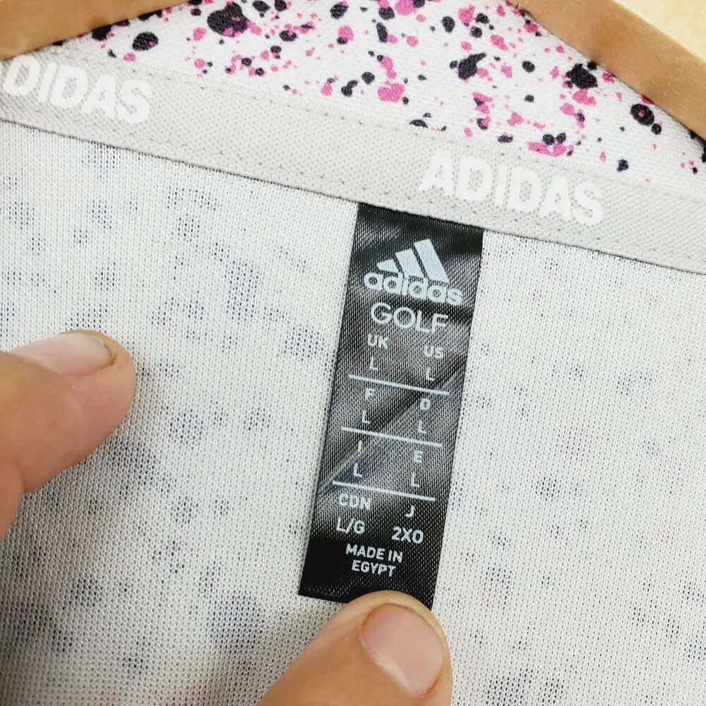 Adidas Golf Polo Men’s L Pink Coral Fusion Paint Splatter AOP Performance Shirt